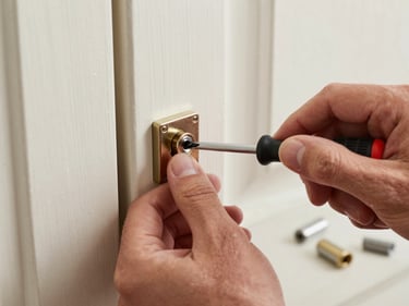 Close-up of a locksmith's hands removing a cylinder lock from a door plate with a screwdriver, workshop lighting, raw and direct, new lock parts visible on surface beside