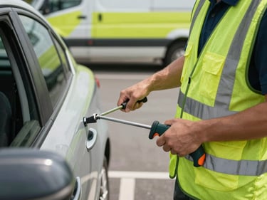 Technician in lime safety vest using a slim-jim tool at a car door lock on a sun-lit parking lot, focused hands at the door edge, service vehicle with lime graphics visible in background