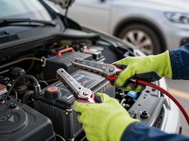 Close-up of jump-start cables clamped to a car battery terminal, technician's lime-gloved hands securing the clamp, engine bay open, bright daylight, another vehicle parked alongside