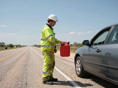 Technician in lime safety gear handing a red fuel can to a driver beside a car on a sunny Texas roadside, wide shot showing road shoulder and clear sky