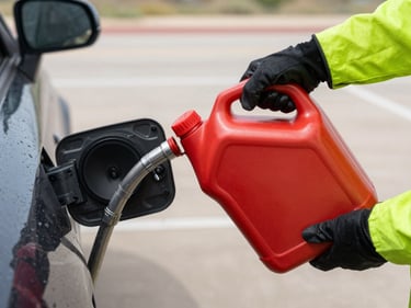 Close-up of gloved hands pouring fuel from a bright red jerry can into a car's fuel door on a Texas roadside, lime-green technician sleeve visible, bright daylight, concrete shoulder in background