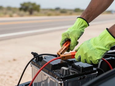 Close-up of gloved hands connecting jumper cables to a car battery on a bright Texas roadside, lime-green safety gloves vivid against matte black battery terminals