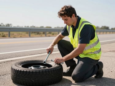 Technician in lime safety vest kneeling beside a flat rear tire, hands gripping a lug wrench mid-turn on a highway shoulder, bright Texas midday light, asphalt and guardrail in background