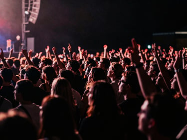 Dynamic shot of a concert crowd, captured with a telephoto lens, vibrant stage lights, energy, cinematic, high-contrast.