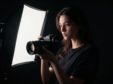 Portrait photography session in a dark studio, softbox lighting, model looking intently, high-end camera, cinematic, high-contrast.