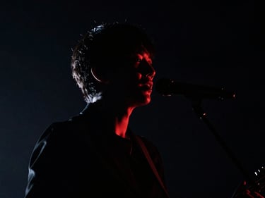 Close-up of a musician performing under dramatic stage lighting, cinematic, high-contrast, deep blacks.