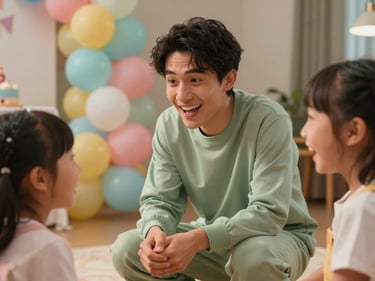Close-up of a cheerful animator in a sage-green costume kneeling to interact with two laughing children at a birthday party, warm indoor light, blurred balloon arch in background