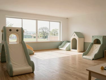 Environmental wide shot of a bright children's party room in Lisboa with play structures visible, soft natural daylight from large windows, empty but decorated and ready, sage and cream color tones