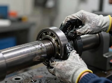 Close-up of a technician's gloved hands adjusting a bearing housing on a heavy rotating shaft, shop-floor ambient light, grease and metal detail visible