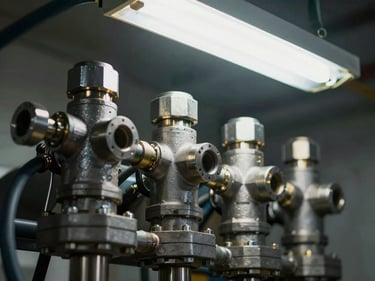 Close-up of hydraulic pump fittings and high-pressure hose connections on an industrial fluid power manifold, overhead fluorescent light casting hard shadows on steel fittings