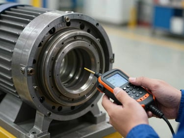 Technician holding a vibration data collector against a motor bearing housing, close-up of the probe contact point, industrial plant floor in soft focus behind