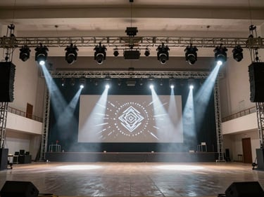 Wide environmental shot from the back of a large Monterrey event hall — multiple moving-head fixtures mounted on overhead truss casting sharp beams across an empty stage, gobos projecting geometric patterns on the back wall, the room fully rigged and tested before the audience enters, daylight supplemented by the rig's own output, clean and functional atmosphere