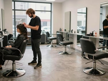 Environmental wide shot: a salon floor mid-appointment, stylist working on a client's hair near a large window, available daylight, empty chairs and mirrors in background, no faces clearly visible