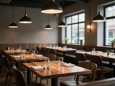 Environmental wide shot: a small restaurant dining room before service, wooden tables set with glasses and cutlery, warm overhead pendant lights, empty chairs, afternoon light through a side window