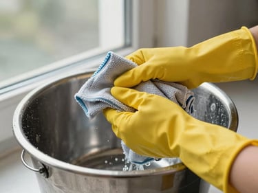 Tight detail shot: hands in yellow rubber gloves wringing out a microfibre cloth over a stainless steel bucket, overcast natural light through a window, clean tiled floor visible below