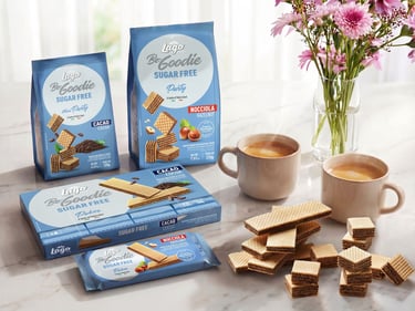 Gamma wafer Lago Be-Goodie Sugar Free con tazze di caffè e confezioni assortite