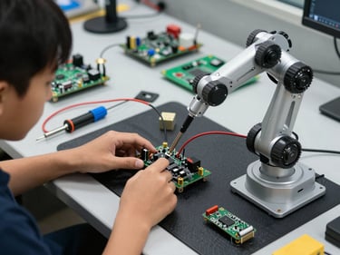 Side-angle view of a student routing servo cables through a robot arm joint, soldering iron nearby on a workbench, electronic components laid out on an anti-static mat