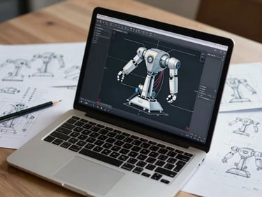 Overhead shot of a laptop screen displaying robot CAD assembly model, printed dimension sketches spread beside it on a desk, mechanical pencil resting on the notes