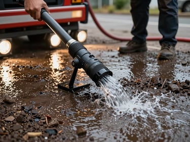 Close-up of truck-mounted extraction wand pulling standing water from a saturated carpet, hose under tension, water visibly flowing, tungsten work lights illuminating the wet floor around the crew member's boots