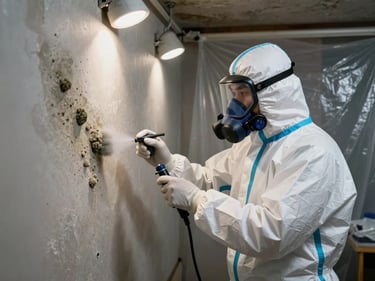Technician in full protective suit and respirator applying mold remediation treatment to a basement wall, visible mold colony on drywall to the left, work lights casting hard shadows, containment plastic sheeting behind the worker