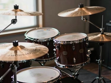 Close-up from player's perspective looking down at a full drum kit, cymbals and toms arranged in playing position, natural window light from the left, no performer face visible