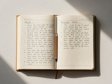 Overhead flat-lay of an open method book with handwritten notation pages, a pencil resting on the margin, studio desk surface in warm off-white, natural light from above