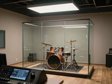 Wide studio interior shot showing isolation booth glass and a drum kit inside, recording console visible in foreground, clean overhead fluorescent light, no performer visible