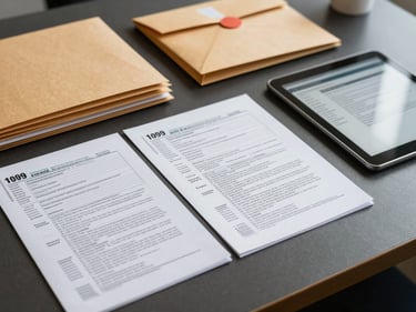 Close-up of organized physical tax documents—1099 forms, W-2 envelopes, labeled folders—arranged on a clean dark desk surface with a tablet showing a secure document portal interface beside them, studio lighting