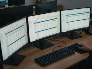 Overhead view of a desk with multiple monitors showing ERP workflow panels—inventory, payroll, and operations tabs open simultaneously, organized workspace, cool overhead lighting, no people visible