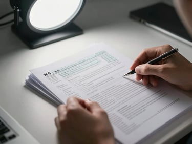Close-up of hands organizing personal tax documents on a clean desk, W-2 forms visible, cool overhead studio lighting
