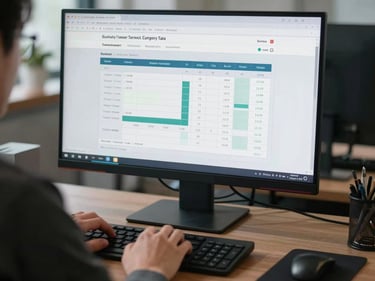 Monitor displaying a business tax filing dashboard with quarterly estimate charts, hands at keyboard, cool office lighting