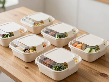 Gourmet box lunches neatly organized in eco-friendly packaging on a clean wooden table, fresh ingredients visible, professional lens