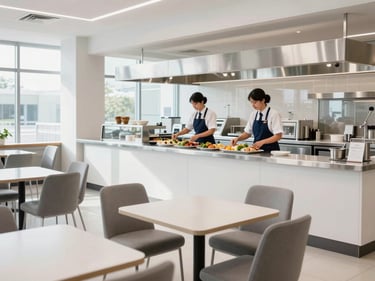 Bright clean corporate cafeteria with modern seating, professional staff serving balanced meals behind a sterile stainless steel counter, natural light