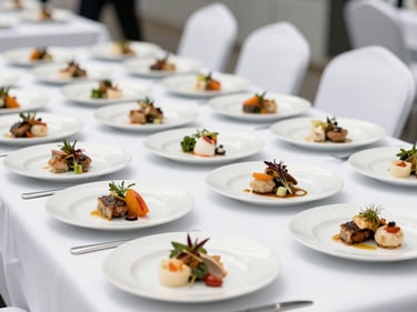 Elegant corporate catering setup with beautifully plated gourmet dishes, clean white table linens, professional presentation, bright daylight