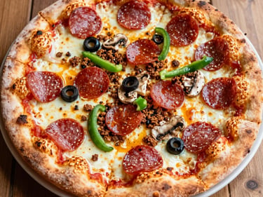Close-up of a Neapolitan pizza with 'nduja sausage and roasted red peppers, vibrant orange and red tones, intense firelight glow.