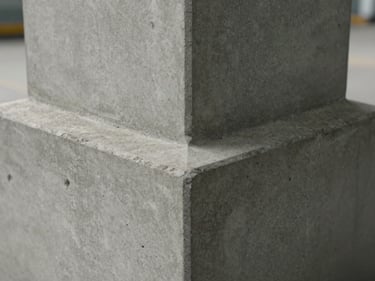 Close-up of a concrete column base showing formed surface texture and chamfered edges under diffuse factory skylight, no glare, tight framing on the corner detail