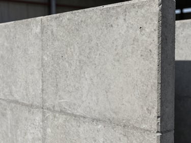 Close-up of a precast concrete wall panel surface under factory daylight, aggregate texture sharply resolved, uniform grey finish, no styling