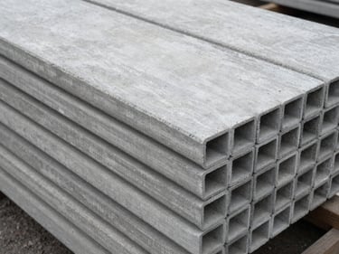 Overhead plan view of concrete hollow-core floor slabs stacked in a production yard, natural overcast light, surface finish clearly visible, shot tight on one slab edge showing the core profile