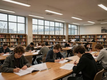 Environmental wide shot of a Parisian campus library reading room — long wooden tables, students reviewing printed documents under cool institutional overhead light, tall windows with grey Paris sky visible, calm and focused atmosphere