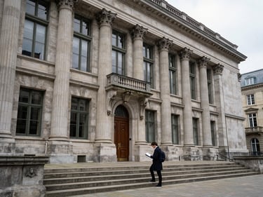 Wide shot of a Brussels university building facade — classical stone architecture, a student in a coat consulting a folder on the steps outside, overcast northern European daylight, quiet and institutional