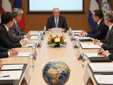 A person in tactical gear and helmet holds a firearm with both hands, set against a vibrant backdrop of blue and red lighting. The firearm features a scope and the person appears focused and alert.