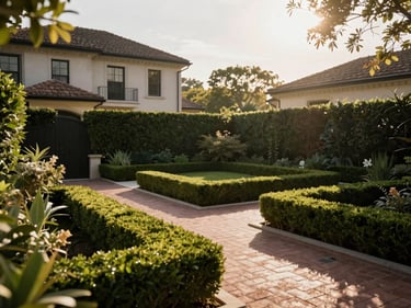 Hyper-realistic architectural 3D render of a classic estate backyard, manicured boxwood hedges, brick pathways, bright afternoon sun, 35mm