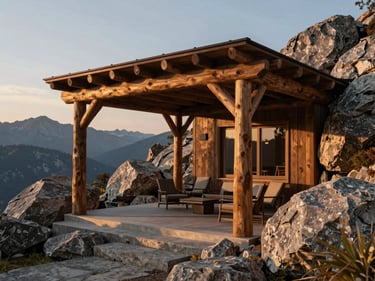 Hyper-realistic architectural 3D render of a mountain escape backyard, heavy timber pergola, rugged granite boulders, soft alpine twilight, 35mm