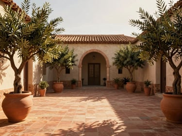 Hyper-realistic architectural 3D render of a Mediterranean courtyard, warm terracotta tiles, olive trees in clay pots, golden-hour sunlight, 35mm