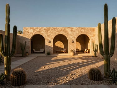 Hyper-realistic architectural 3D render of a desert sanctuary backyard, gravel beds, architectural cacti, dramatic golden-hour shadows, 35mm