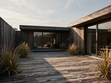 Hyper-realistic architectural 3D render of a coastal retreat backyard, weathered cedar decking, ornamental beach grasses, soft overcast morning light, 35mm