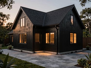 Hyper-realistic architectural 3D render of a modern farmhouse backyard, black board-and-batten siding, limestone pavers, twilight lighting, 35mm