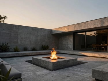 Hyper-realistic architectural 3D render of a modern minimalist backyard, sharp concrete lines, a sunken fire pit, dramatic twilight lighting, 35mm