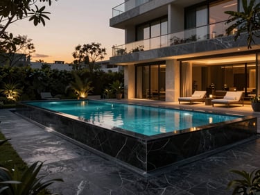 Hyper-realistic architectural 3D render of a luxury resort backyard, infinity-edge pool, dark basalt tiling, dramatic landscape lighting at night, 35mm