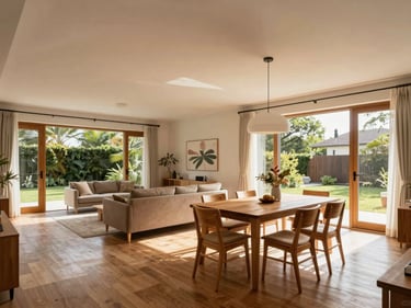 Open-plan living and dining area with warm wooden furniture, natural daylight from large glass doors, wide environmental framing as seen in a virtual property tour